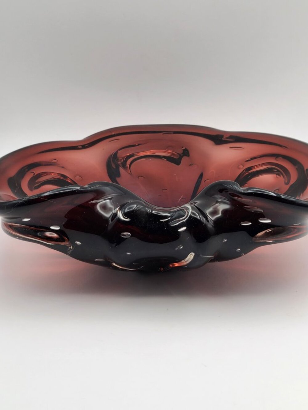 Vintage Amethyst Purple Bullicante Bubble Clamshell Folded Glass Bowl